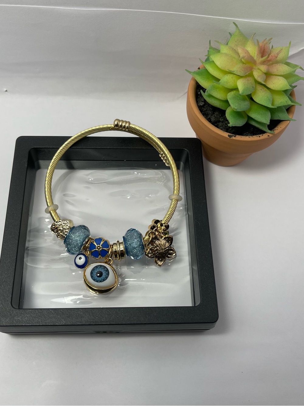 Gold-Tone Blue Evil Eye Charm Bracelet - Women Jewelry